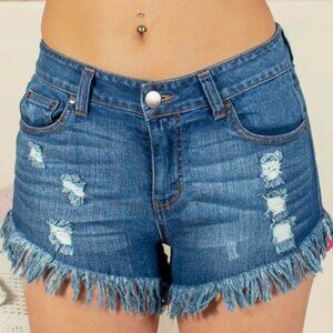 Vintage Havana Denim Jean Shorts Distress Fringe Hem Size 26 Cotton Stretch Boho